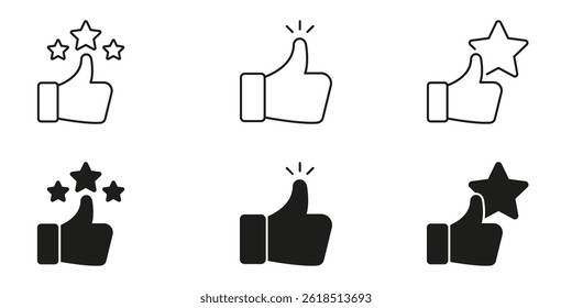 Thumbs Up With Stars Icon Set. Positive Feedback, Approval, And Rating Outline And Silhouette Symbol Collection. Customer Satisfaction And Quality Assurance. Isolated Vector Illustration.