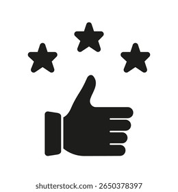 Thumbs Up With Stars Solid Icon. Customer Satisfaction, Positive Feedback, And Quality Rating Silhouette Symbol. User Experience And Approval. Isolated Vector Illustration.