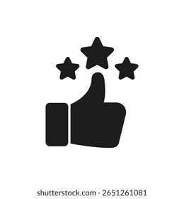 Thumbs Up With Stars Solid Icon. Positive Feedback, Customer Satisfaction, And Quality Rating Silhouette Symbol. User Experience And Approval Representation. Isolated Vector Illustration.