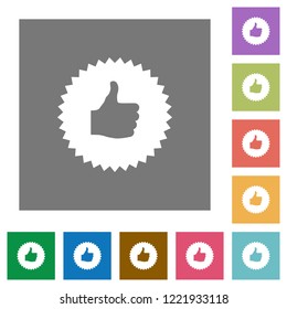 Thumbs up sticker flat icons on simple color square backgrounds
