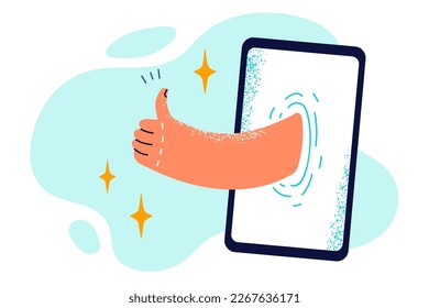 Thumbs up sticking out of phone display symbolizes likes on social networks or sympathy in dating service. Hand with thumbs up gesture in smartphone screen as sign of approval chatting online