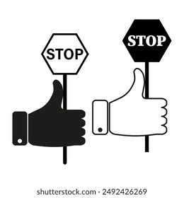 Thumbs up stop sign icons. Hand holding octagon symbol. Vector illustration. Black and white design.