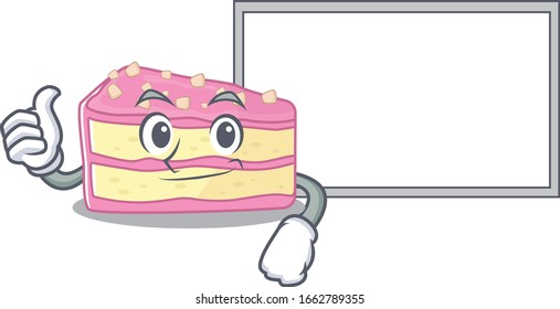 Thumbs up of strawberry slice cake cartoon design having a board