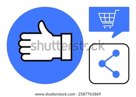 Thumbs up symbol in blue circle, shopping cart speech bubble, and share icon. Ideal for social media, digital marketing, e-commerce, customer engagement, online communication, user feedback