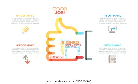 Thumbs up symbol consisted of colorful translucent lines and surrounded by linear icons and text boxes. Concept of approval, like, positive feedback. Infographic design template. Vector illustration.