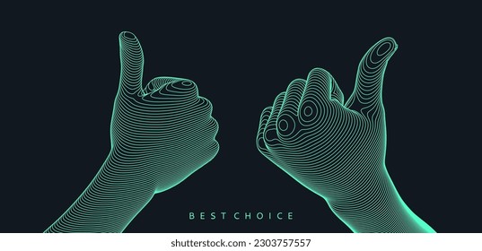 Thumbs up symbol in cyberspace. Hand show like or good. Approved. Sign success and nice. 3D vector illustration. Design for banner, flyer, poster, cover or brochure.