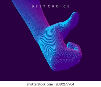 Thumbs up symbol. Hand show like or good. Sign success and nice. Voxel art. 3D vector illustration.