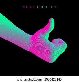 Dreh das Symbol hoch. Handshow wie oder gut. Unterschreiben Sie Erfolg und nett. Voxelkunst. 3D-Vektorgrafik.