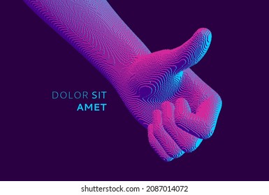Thumbs up symbol. Hand show like or good. Sign success and nice. Voxel art. 3D vector illustration.
