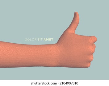 Thumbs up symbol. Hand show like or good. Sign success and nice. 3D vector illustration. Design for banner, flyer, poster, cover or brochure.