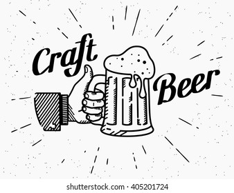 Thumbs up symbol icon with craft beer mug. Retro fashioned illustration of human hand holds beer glass with handwritten lettering text on grunge textured background and sunburst rays