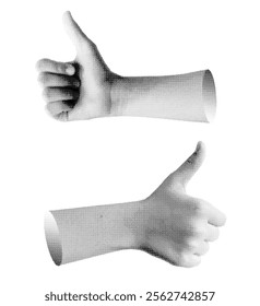 Thumbs up symbol, representing a positive vote or approval. Retro, vintage grayscale design with halftone and dotted texture. Vector illustration isolated on white background.