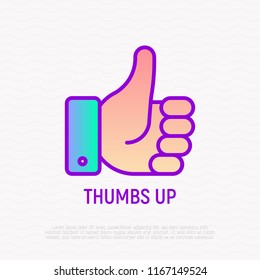 Thumbs up thin line icon. Hand gesture of success, confirmation, approve. Good choice. Modern vector illustration.