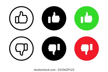 Pulgares hacia arriba y pulgar hacia abajo conjunto de iconos de Botón. Símbolo positivo y negativo. Me gusta y no me gusta la Ilustración vectorial. Colección de Botones de interfaz de Web de dedos Sí y No. Los símbolos verde aceptan y rojo declinan.