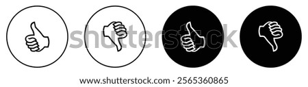 Thumbs up and thumb down, like and dislike icon set in black circle. Like and dislike icons buttons. Like and dislike icon on circle line. Flat design. Vector illustration.