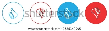 Thumbs up and thumb down, like and dislike icon set in blue and red circle. Like and dislike icons buttons. Like and dislike icon on circle line. Flat design. Vector illustration.