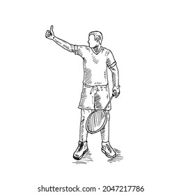 Altibajos.	un jugador de bádminton levanta su pulgar.	Ilustración vectorial de boceto retro vintage. Estilo de grabado. negro aislado sobre fondo blanco. esbozo de ilustración de diseño gráfico de dibujo vectorial.