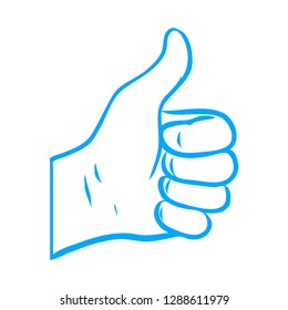 Thumbs up. Blue and white outline hand of a man. I like it button, sign on white background. isolated vector file. Communication, smartphone, chat, text, internet.