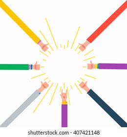 Thumbs up. Colorful flat hands with burst.  