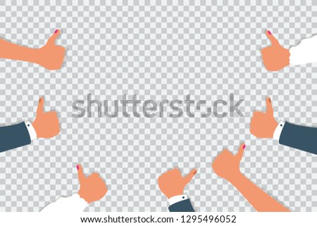 Thumbs up. Concept of public approval, acknowledgment, recognition, acceptance and appreciation. Colorful vector illustration in flat cartoon style on transparent backdrop.