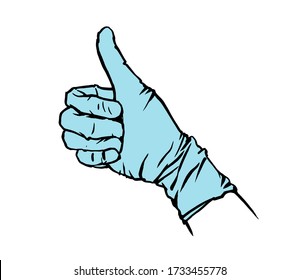 Thumbs up. Drawing of a gloved hand. Vector illustration on a white background.