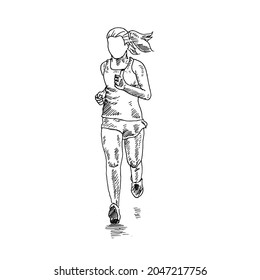 Thumbs up.	female runner raises her thumb after crossing the finish line.	Retro vintage sketch vector illustration. Engraving style. black isolated on white background. vector draw graphic design 