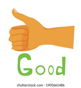 thumbs up. hand gesture "class". hand sign "good". inscription. green text. flat. isolated. vector. 