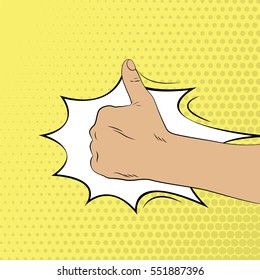 Thumbs up. Hand gesture. The illustration in pop art style. Vector