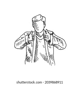 Thumbs up.	a handsome man raises his two thumbs up.	Retro vintage sketch vector illustration. Engraving style. black isolated on white background. vector draw graphic design illustration sketch.