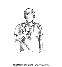 Altibajos.	un joven apuesto levanta su pulgar derecho.	Ilustración vectorial de boceto retro vintage. Estilo de grabado. negro aislado sobre fondo blanco. esbozo de ilustración de diseño gráfico de dibujo vectorial