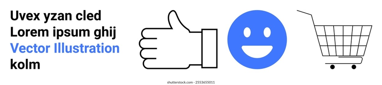 Thumbs up, happy face, and shopping cart icons accompanied by placeholder text. Ideal for online shopping, customer satisfaction, positive feedback, e-commerce, and digital services. Landing page