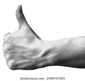 Thumbs up. Like gesture. Retro halftone hand isolated on white background. Y2K style. Trendy vintage newspaper parts. Torn paper. Collage design element. Paper cutout. Pop art dotted style.