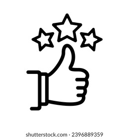 Thumbs hacia arriba, como un icono. Línea negra de diseño con clasificación de estrellas mínima. Icono de tarifa de estrella. Concepto de retroalimentación. Sistema de evaluación. Revisión positiva. Estilo plano de ilustración vectorial. Trabajo de calidad. Plantilla Web.