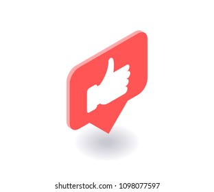 Thumbs up, like icon, vector symbol in flat isometric 3D style isolated on white background. Social media illustration.