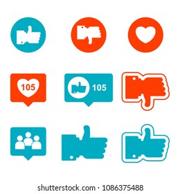 Thumbs up, I like vector sign. Conceptual symbol for approval in social media, support for friend and follower, popularity in Internet. Flat cartoon illustration. Objects isolated on white background.