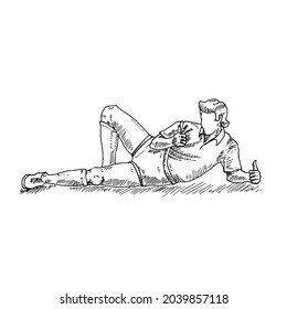 Dreh dich um!	ein Mann, der entspannt liegt, sein rechtes Bein beugt und seinen linken Daumen hochhebt.	Retro Vintage Skizze Vektorgrafik. Gravur-Stil. schwarz einzeln auf weißem Hintergrund. Vektorgrafik