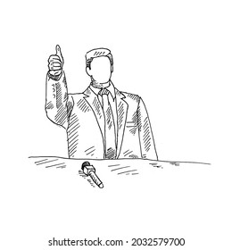 Thumbs up.	a man raises his right thumb in a meeting room	Retro vintage sketch vector illustration. Engraving style. black isolated on white background. vector draw graphic design illustration sketch.