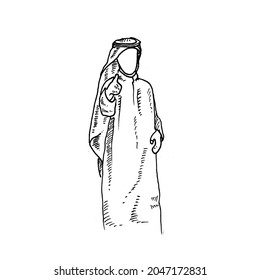 Thumbs up.	man in robe and turban standing with his right thumb up.	Retro vintage sketch vector illustration. Engraving style. black isolated on white background. vector draw graphic design 