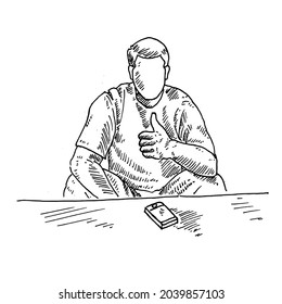 Thumbs up.	a man sat at the table, raising his left thumb up. a cell phone on the table.	Retro vintage sketch vector illustration. Engraving style. black isolated on white background. vector draw 