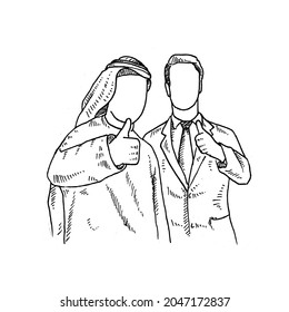 Thumbs up.	a man in a suit and a man in a turban raises his thumb.	Retro vintage sketch vector illustration. Engraving style. black isolated on white background. vector draw graphic design 