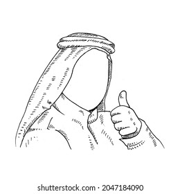 Thumbs up.	man in turban raises his thumb.	Retro vintage sketch vector illustration. Engraving style. black isolated on white background. vector draw graphic design illustration sketch.