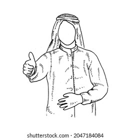 Thumbs up.	a Muslim man in a turban raises his right thumb.	Retro vintage sketch vector illustration.Engraving style. black isolated on white background. vector draw graphic design illustration sketch