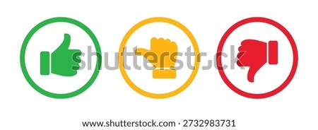 Thumbs up, neutral, and thumbs down rating icons; Like dislike and neutral feedback symbols representing positive, neutral, and negative user sentiment for reviews