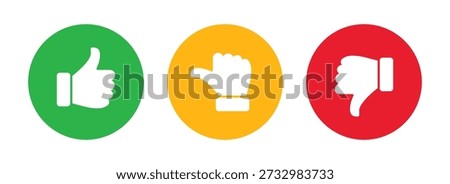 Thumbs up, neutral, and thumbs down rating icons; Like dislike and neutral feedback symbols representing positive, neutral, and negative user sentiment for reviews