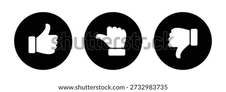 Thumbs up, neutral, and thumbs down rating icons; Like dislike and neutral feedback symbols representing positive, neutral, and negative user sentiment for reviews