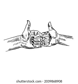 Thumbs up.	put hands with thumbs up.	Retro vintage sketch vector illustration. Engraving style. black isolated on white background. vector draw graphic design illustration sketch.