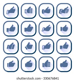 Thumbs up, set blue, hands with shadow. Vector illustration