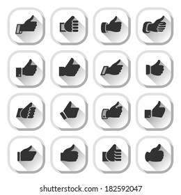 Thumbs up, set gray buttons, hands with shadow. Vector illustration