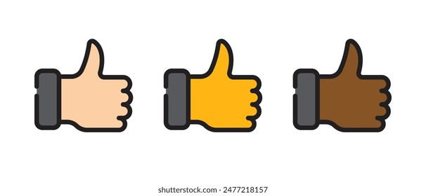 Thumbs up, set of hands of different colors with fingers up, gesture of approval, icon. 