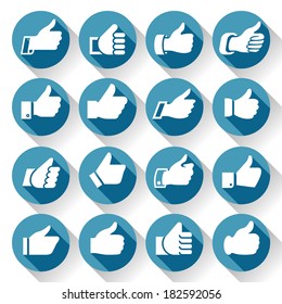 Thumbs up, set icons on round blue buttons, hands with shadow. Vector illustration